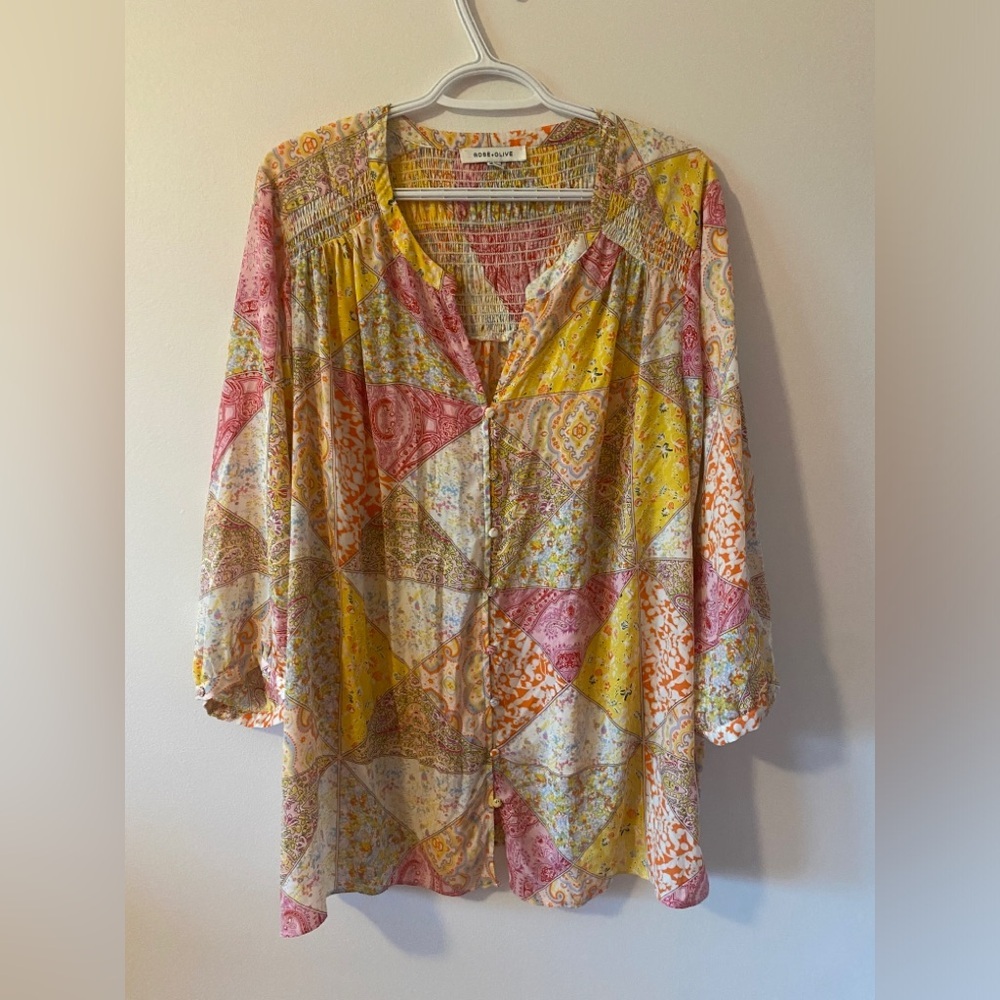 Rose & Olive Patchwork Button Front Blouse 2X